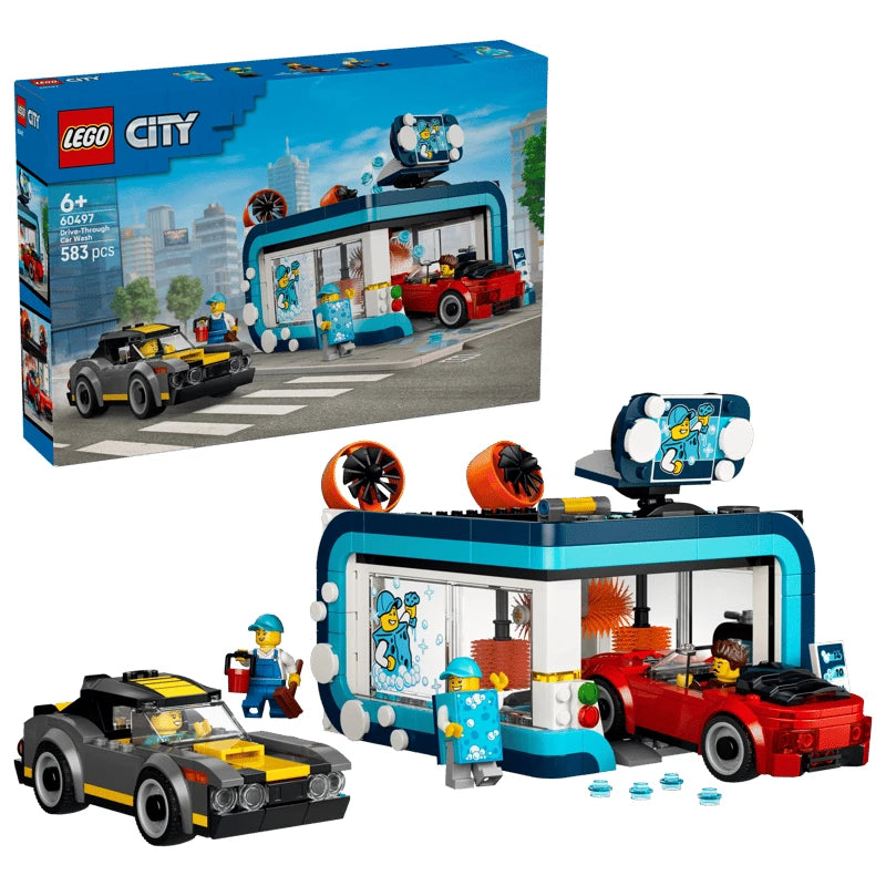 LEGO City Drive-Through Car Wash box with built car wash, black and yellow car, red convertible and minifigure
