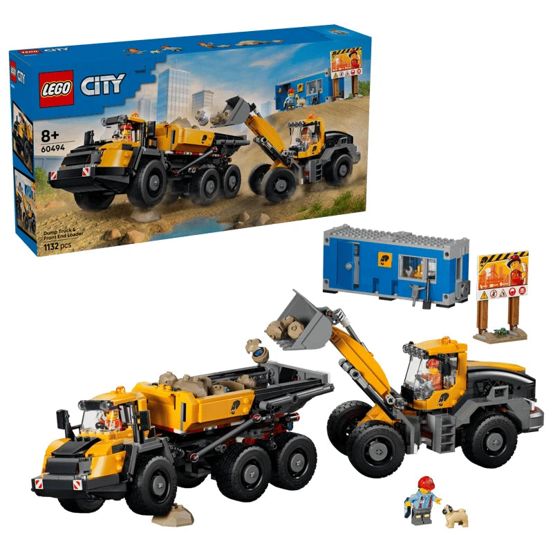 LEGO City Dump Truck & Front End Loader box with built dump truck, front end loader, site office, sign, minifigure and dog figure