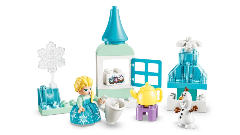 LEGO DUPLO Frozen tower and ice builds with Elsa, Olaf, teapot and snowflake pieces