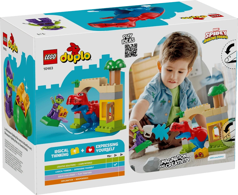 LEGO Duplo Marvel Spidey-Rex vs Green Goblin 10463 box rear showing child playing with the set and skill development icons
