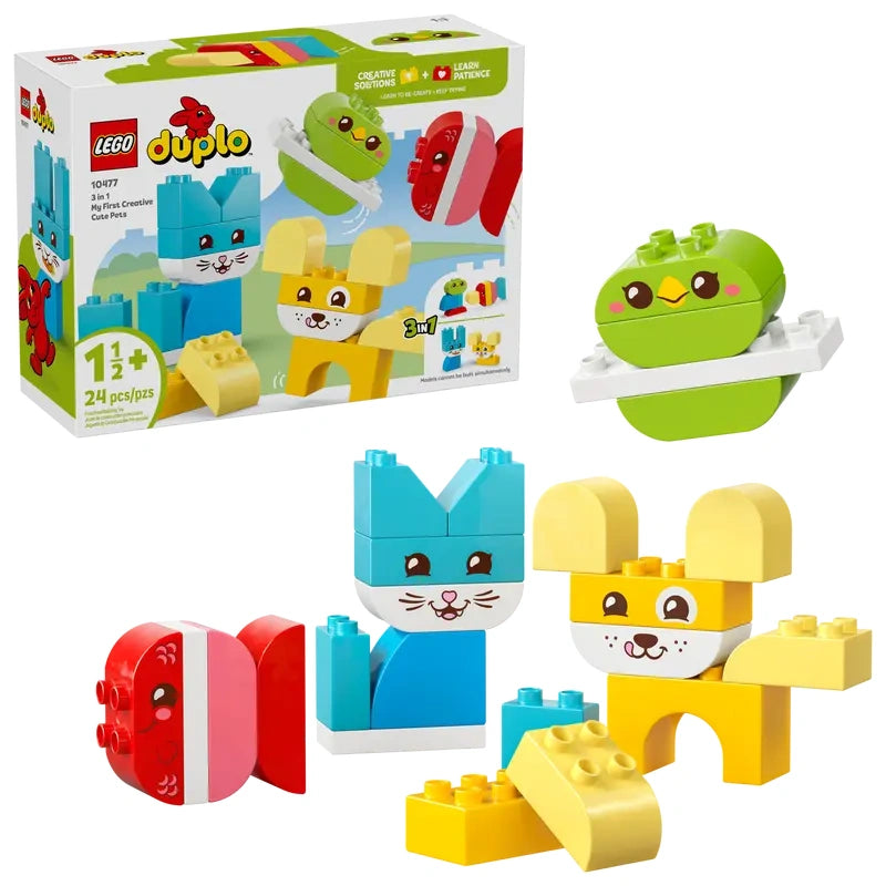 LEGO DUPLO My First 3 in 1 Creative Cute Pets set showing retail box beside assembled animal figures including a blue cat, yellow dog, green bird and red fish on a white background