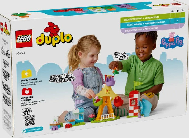 Children playing with LEGO DUPLO 10453 Peppa Pig Funfair set
