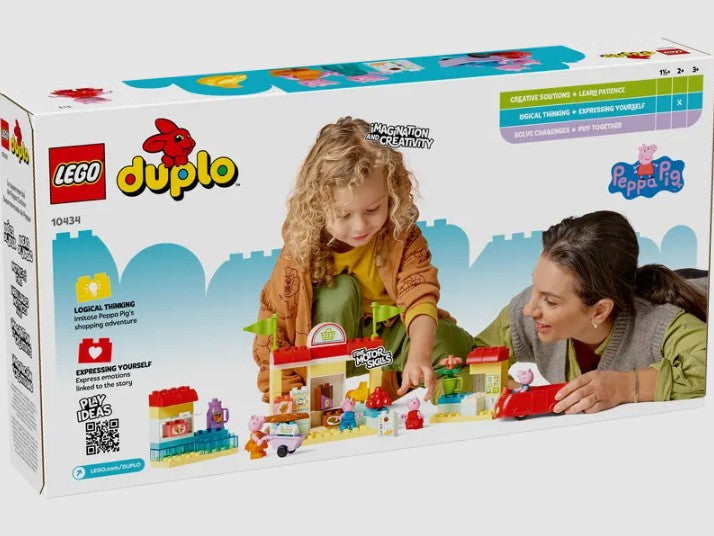 Parent and child playing with LEGO DUPLO Peppa Pig Supermarket set