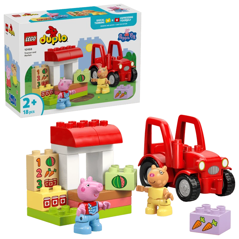 LEGO DUPLO Peppa Pig Tractor and Market 10468 retail box showing red tractor, market stall, Peppa Pig and Pedro Pony figures and illustrated food bricks