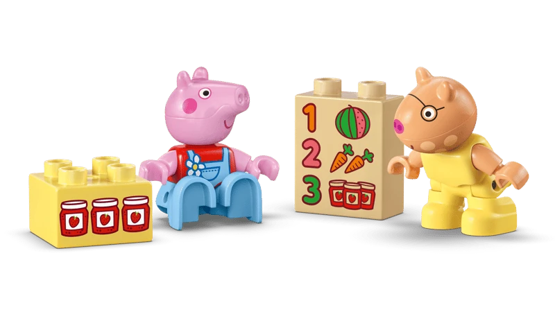 Peppa Pig and Pedro Pony DUPLO figures standing beside yellow jam jar brick and white number brick printed with 1 2 3 and matching food images
