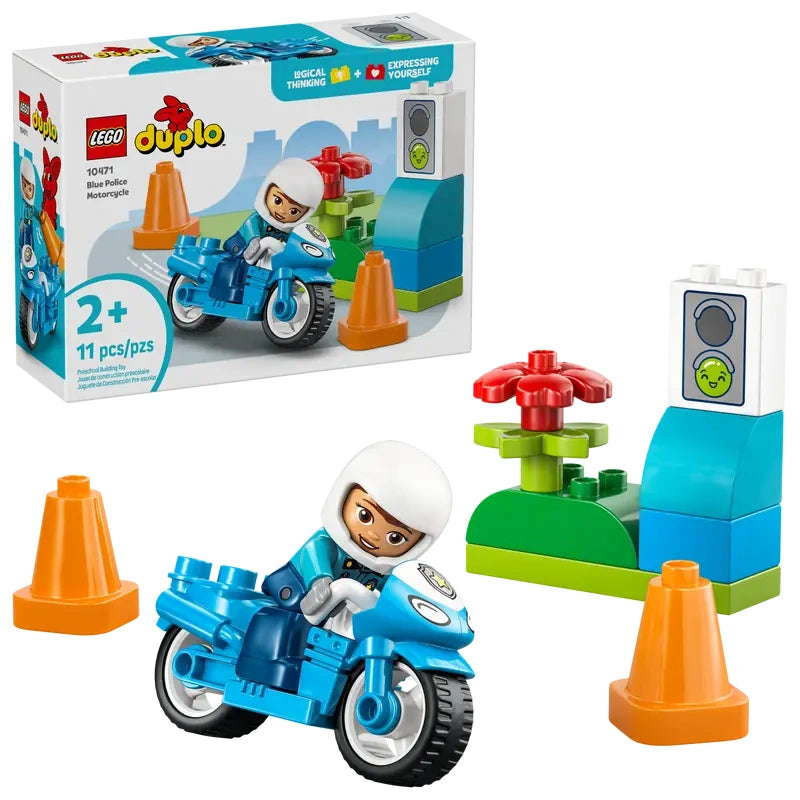 LEGO DUPLO Town Blue Police Motorcycle box shown with built motorcycle, police officer figure, traffic cones and traffic light