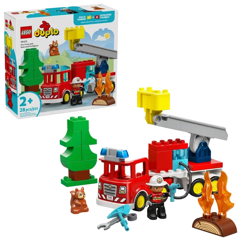 LEGO DUPLO Town Fire Truck with Hose and Firefighter box shown with red fire truck, firefighter figure, tree, squirrel figure and flaming log accessories.