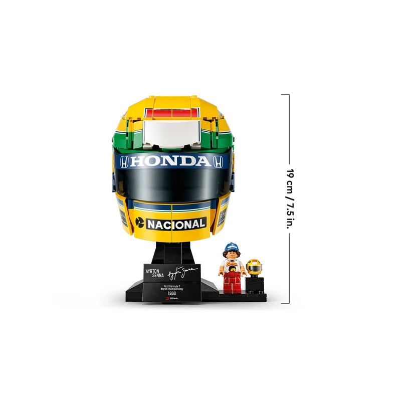 LEGO Ayrton Senna Helmet 43024 on stand with Senna minifigure and 19 cm height measurement