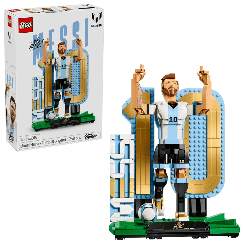 LEGO Editions Lionel Messi Football Legend 43015 retail box displayed alongside the completed LEGO football model.