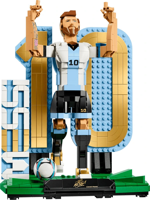 LEGO Editions Lionel Messi Football Legend 43015 model showing Messi in Argentina's number 10 shirt with raised arms, a football and gold number 10 display.