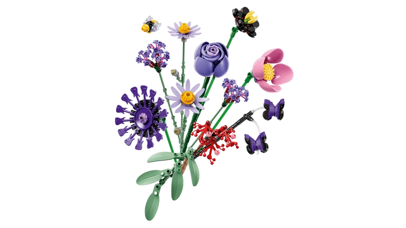 Angled view of the LEGO Editions Olivia Rodrigo's Flower Bouquet 11507 with purple, pink, red and black flowers, butterflies and a bee