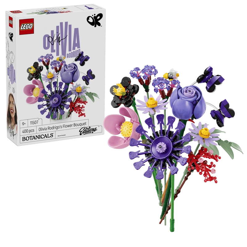 LEGO Editions Olivia Rodrigo's Flower Bouquet 11507 product box beside the completed flower arrangement