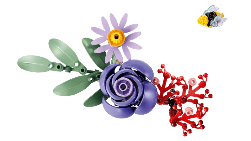 Close-up of the LEGO Editions Olivia Rodrigo's Flower Bouquet 11507 purple rose, lavender flower, red blooms, green leaves and bee