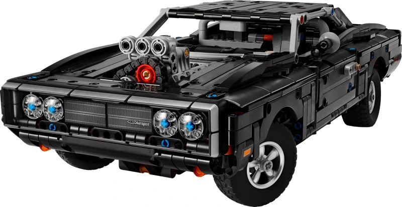 LEGO Technic black Dodge Charger R/T car model shown from the front angle