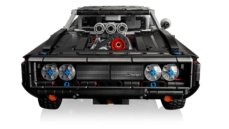 Front view of LEGO Technic Dodge Charger R/T car with black bonnet, headlights and engine detail