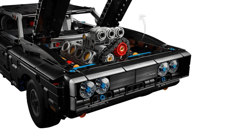 LEGO Technic Dodge Charger R/T car with open bonnet showing engine detail