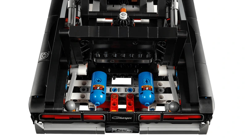 LEGO Technic Dodge Charger R/T car with open boot showing two blue NOS bottles