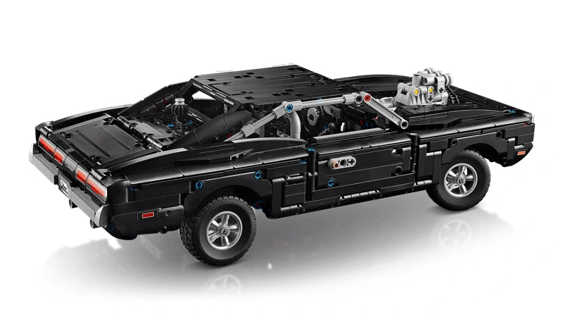 Rear side view of LEGO Technic Dodge Charger R/T car with black bodywork and silver engine detail