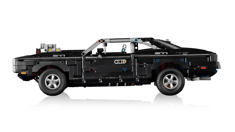 Side view of LEGO Technic Dodge Charger R/T car with black bodywork and silver wheels