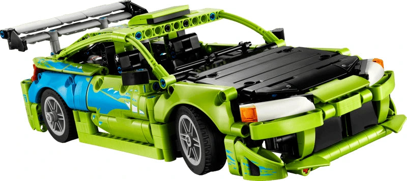 LEGO Technic green and blue Mitsubishi Eclipse car model with black bonnet and rear wing