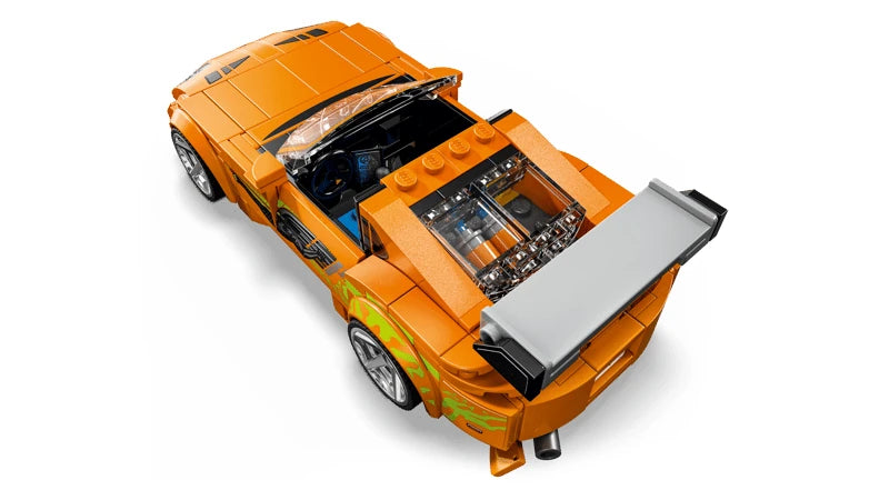 Top rear view of LEGO orange Toyota Supra car with grey rear wing