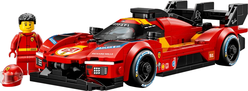 LEGO Ferrari 499P race car model with Ferrari driver minifigure and helmet
