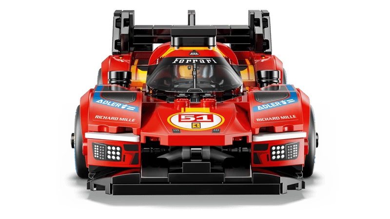 Front view of the LEGO Ferrari 499P race car model