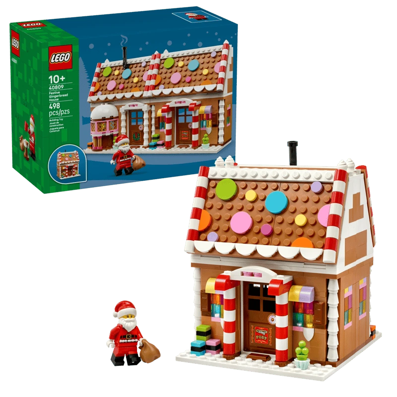 LEGO Festive Gingerbread House 40809 built model with Santa minifigure and product box