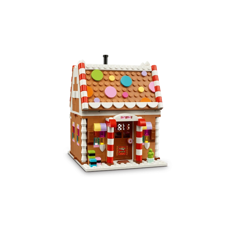 LEGO Festive Gingerbread House 40809 front entrance with candy cane columns and colourful roof decorations