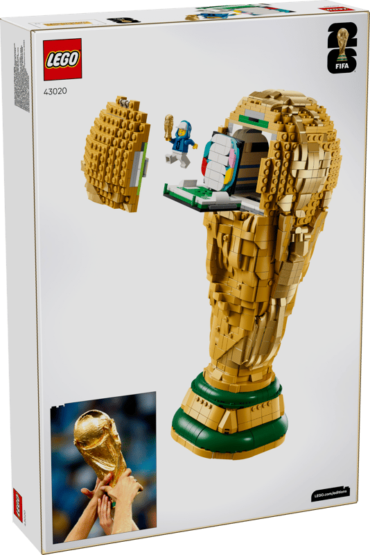 Back of the LEGO FIFA World Cup Official Trophy box showing the opened trophy with hidden scene, minifigure and a reference photo of the real trophy