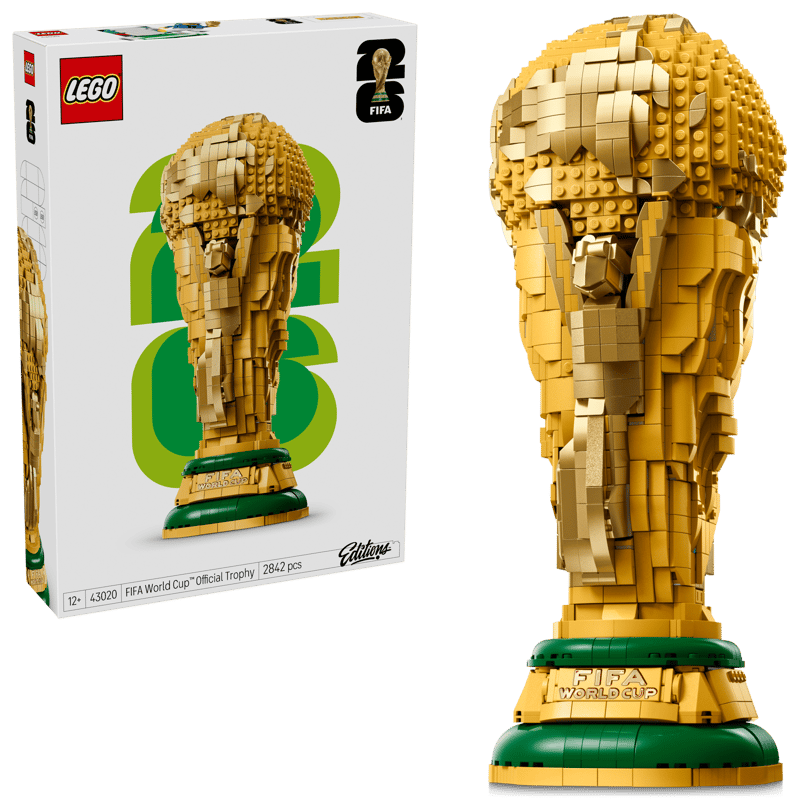 LEGO FIFA World Cup Official Trophy box beside the completed gold trophy model