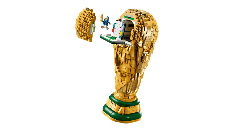 LEGO FIFA World Cup Official Trophy opened at the top to show the hidden display scene and blue minifigure above the green based trophy