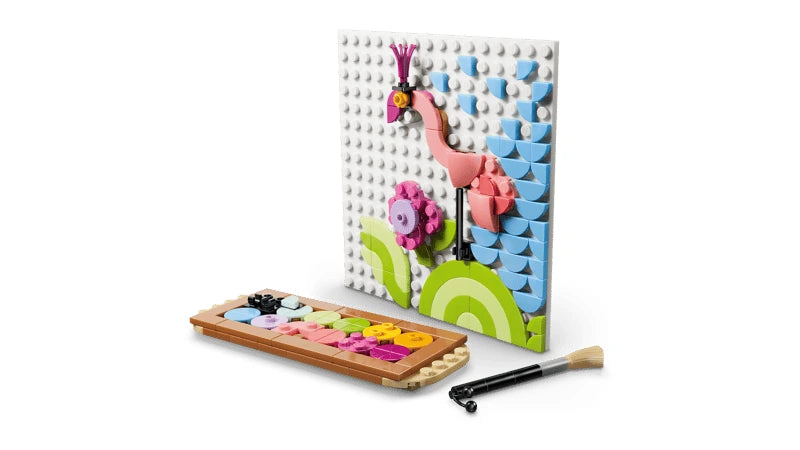 LEGO flamingo sketch build on an easel with paint palette and brush