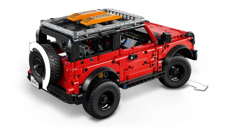 Rear angle of LEGO Ford Bronco SUV with spare wheel and roof rack – Ireland