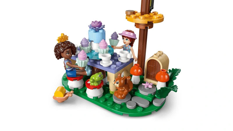 LEGO Friends forest build with tree, table, fairy door, mushroom chairs and mini-dolls