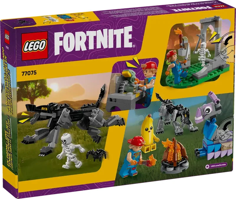 Back of LEGO Fortnite Peely and Sparkplug's Camp 77075 box with action scenes Ireland