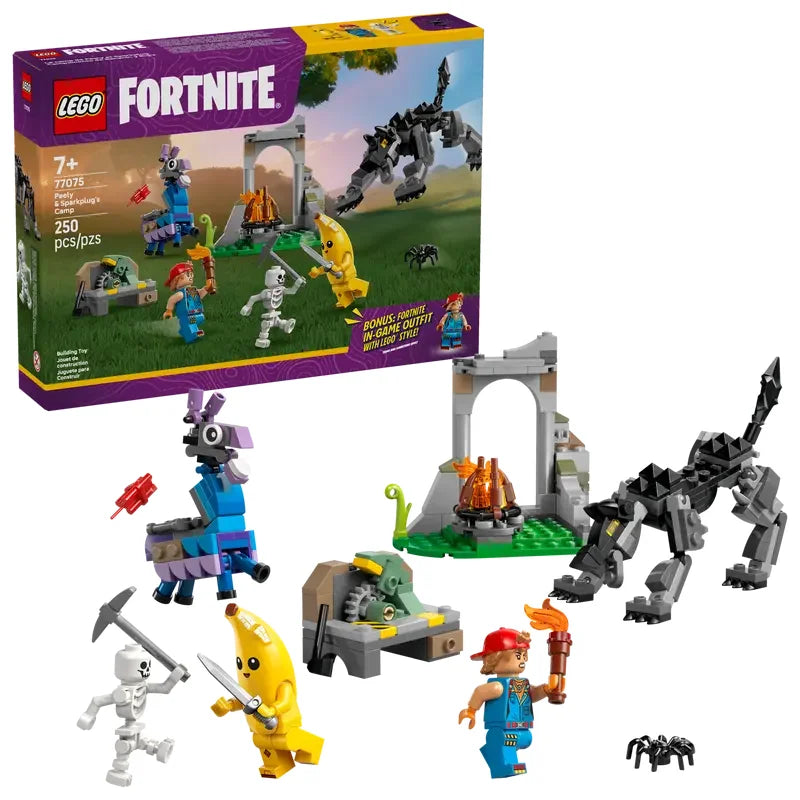 LEGO Fortnite Peely and Sparkplug's Camp 77075 box with full set view Ireland