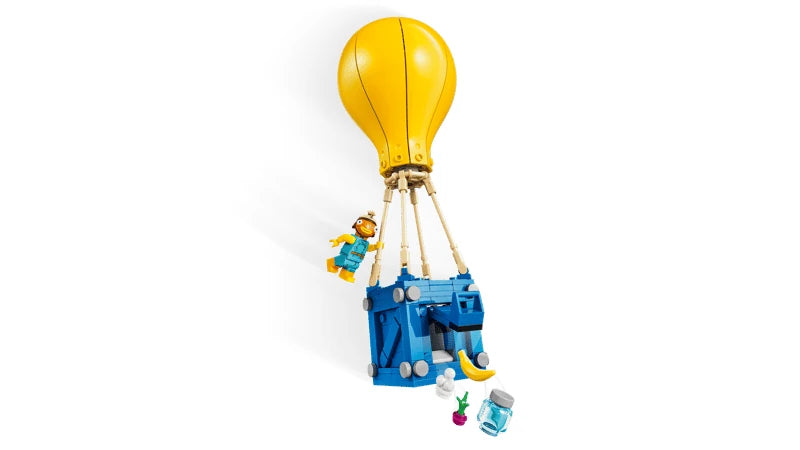 LEGO Fortnite supply drop with yellow balloon, blue crate and small accessory pieces