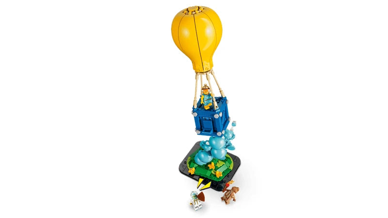 LEGO Fortnite blue supply drop crate hanging below a yellow balloon