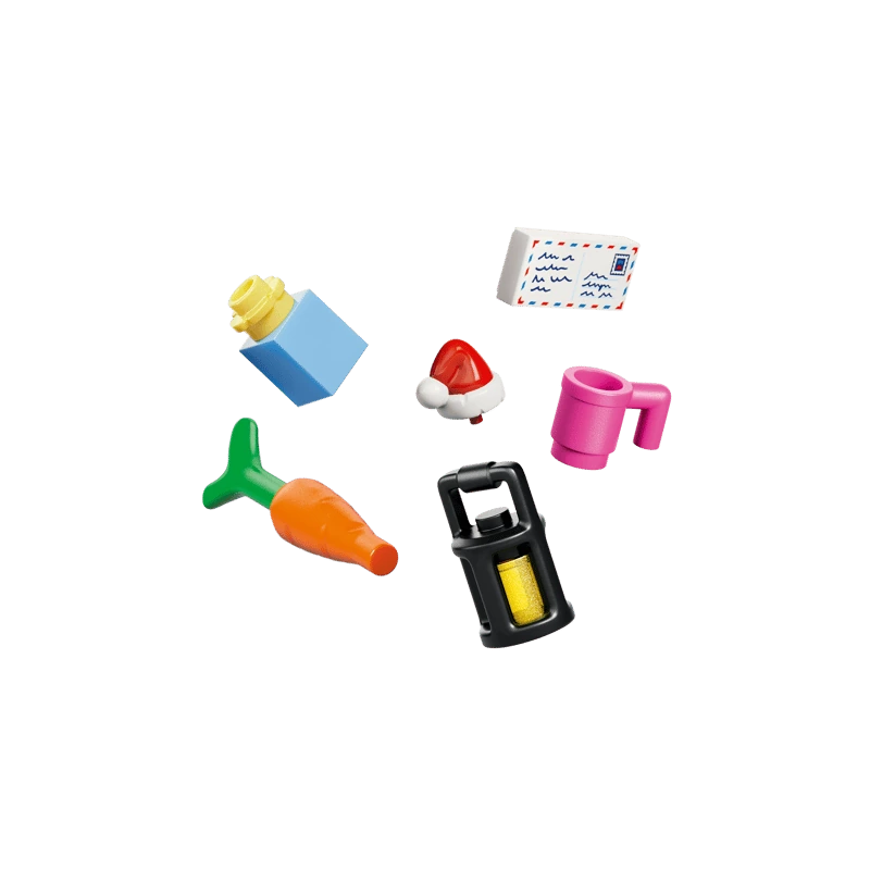 LEGO accessories including a carrot, lantern, pink mug, Santa hat, envelope and blue and yellow brick