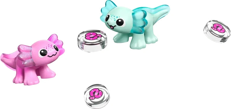 Two LEGO axolotl animal figures with round printed tiles and small worm pieces from the set
