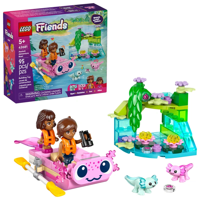 LEGO Friends Axolotl Adventure Boat 42681 retail box showing the axolotl shaped boat, Paisley minidoll, Axel microdoll, two axolotl figures, and water scene