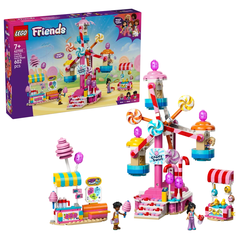 LEGO Friends Candy & Cupcake Ferris Wheel box with completed fairground set and minidolls