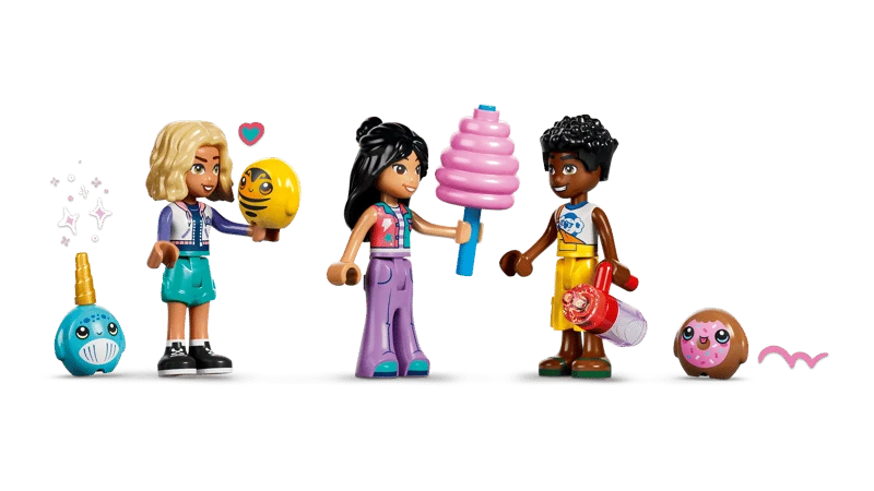 LEGO Friends minidolls with cotton candy, lollipop, donut, narwhal and bee accessories