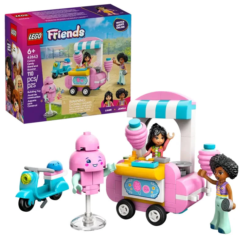 LEGO Friends Cotton Candy Stand and Scooter playset shown with its box, cart, scooter and accessories on a white background