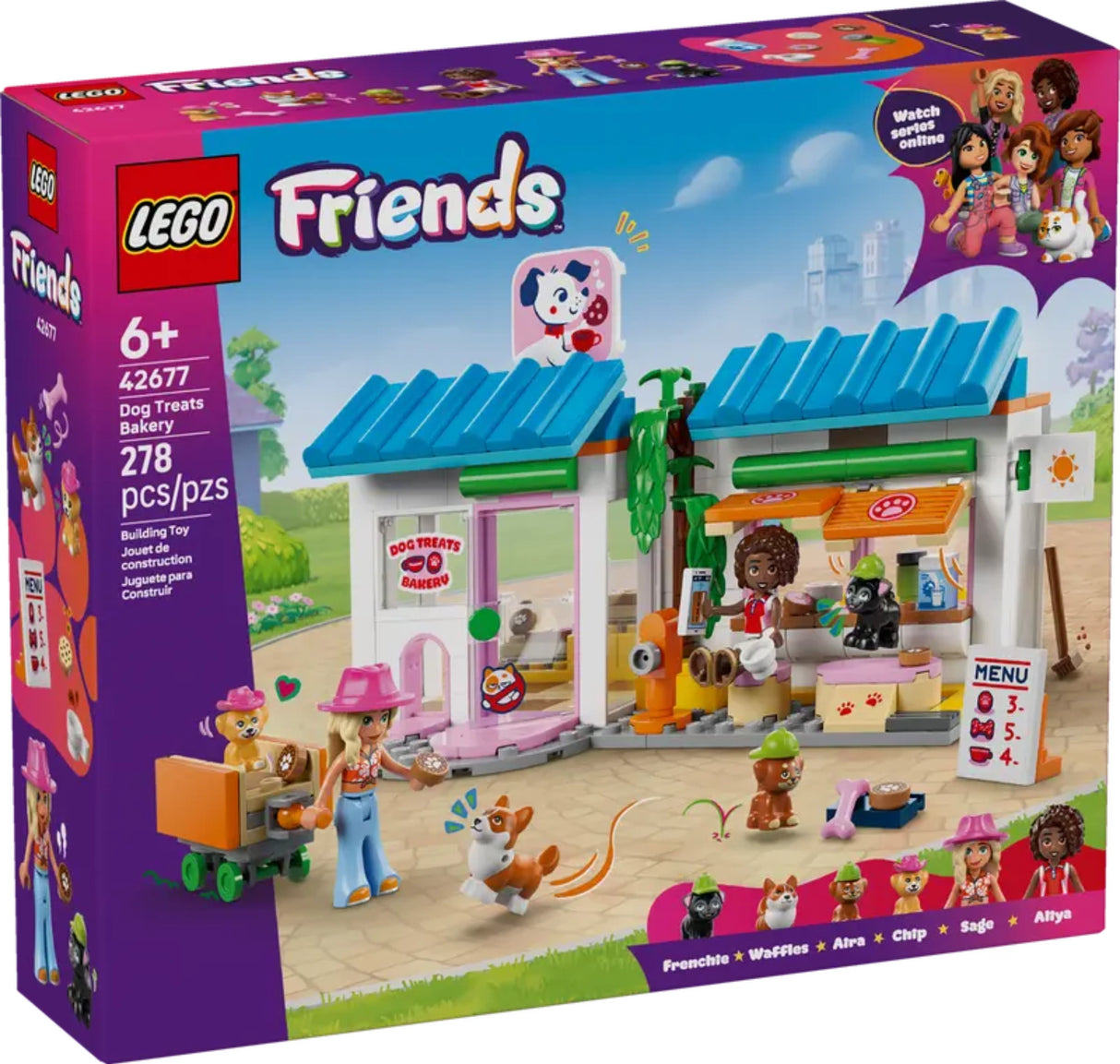LEGO Friends Dog Treats Bakery 42677 retail box front three quarter view showing bakery building, minidolls and dog figures