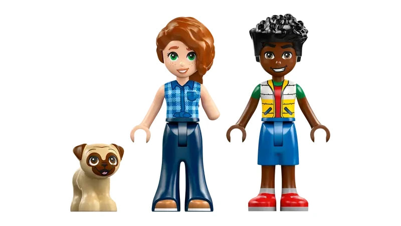 LEGO Friends minidolls Autumn and Zac shown with a small dog figure