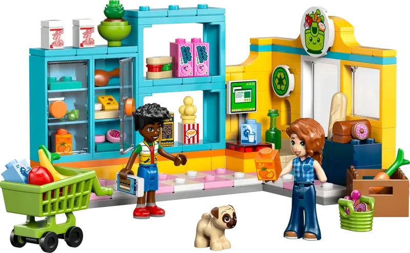LEGO Friends Heartlake City convenience store build with grocery shelves, shopping accessories, two minidolls and a dog