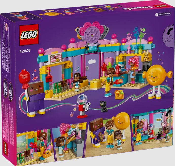 Back of LEGO Friends Heartlake City Sweet Shop 42649 box showing features and play functions