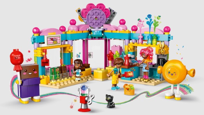 Inside LEGO Friends Heartlake City Sweet Shop 42649 with candy making features and shop layout